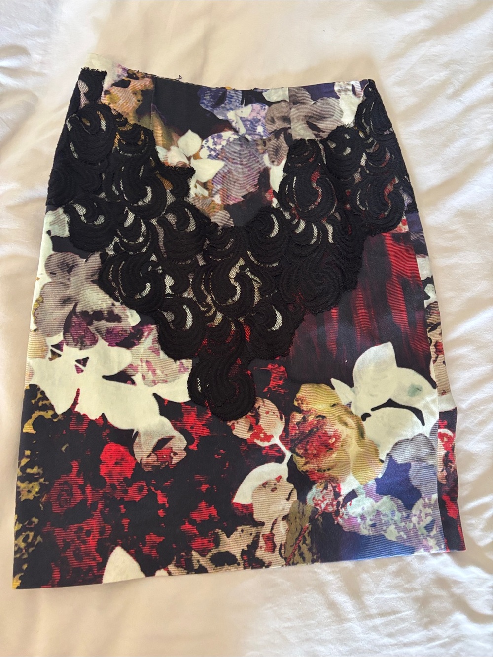 Rachel Roy Floral Print Pencil Skirt Black Lace Overlay gold zipper xs small